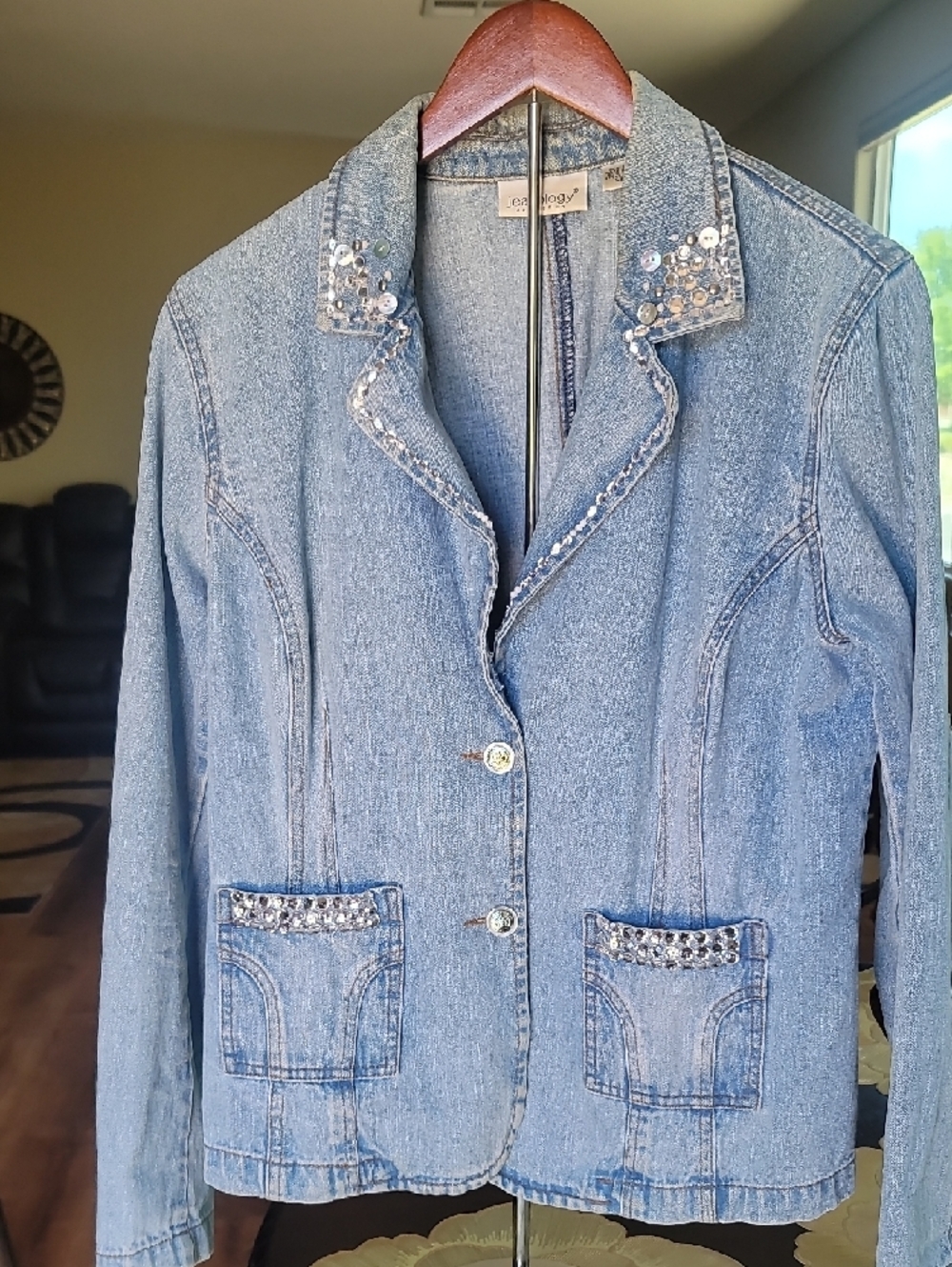 Light Blue Denim Blazer with Sequin Trim